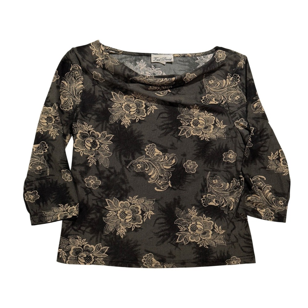 Fred David Brown Floral Mesh Top Size Large Made in Canada